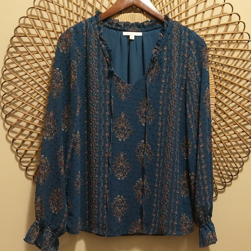 Skies Are Blue Floral Top Long Sleeve Dark Teal Blue Size XS